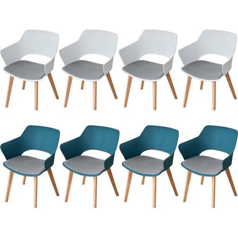 8er Set Esszimmerstühle mit Armlehne, Massivholzbeine, Stoffpolster, Weiß+Seeblau (1/5)