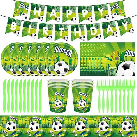 Vaisselle de fête, décoration d'anniversaire d'enfant, ensemble de vaisselle sur le thème du football, décoration de gâteau, assiettes en carton, gobelets, serviettes, banderole, accessoires de décora (1/5)