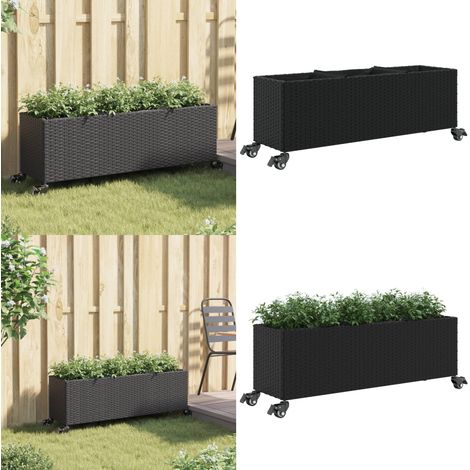 Jardinière avec roulettes et 3 pots noir 107x32x38 cm rotin - Jardinière avec roulettes - Pot de fleurs (1/5)