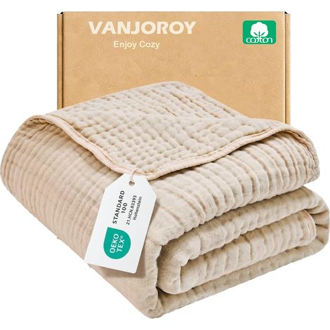 Couvre-lit en mousseline - 150 x 200 cm - 100 % coton - 6 couches - Couverture d'été douce et légère - Jeté de lit - Couverture en coton pour canapé et lit - Beige (1/5)