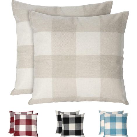 Housses de Coussin à Carreaux , Lot de 2 taie d'oreiller en Lin résistant aux Rides et Respirant, taie d'oreiller à Carreaux, Housses de Coussin décorative pour la Maison,Beige