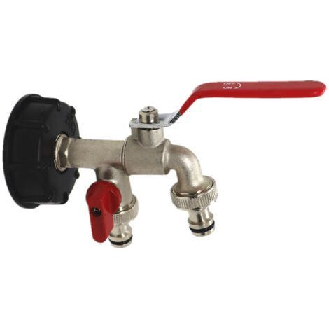 PA Adaptateur de réservoir en laiton, double robinet S60x6, raccord de réservoir de pluie, vanne de tonneau IBC de 1000 litres, diamètre d'extrémité de tuyau 15mm (1/5)