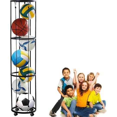 Support vertical pour ballons, support à ballons avec roulettes, rangement pour ballons, cage de rangement murale pour ballons, support de rangement pour ballons de basketball, football, volleyball (3 (1/5)