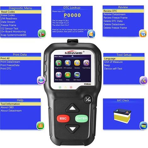 KONNWEI OBDII CAN Diagnostic Tool, KW680 Car Code Reader, Check Engine Light Scan, OBD II Car Scanner for 1996 Models (1/5)