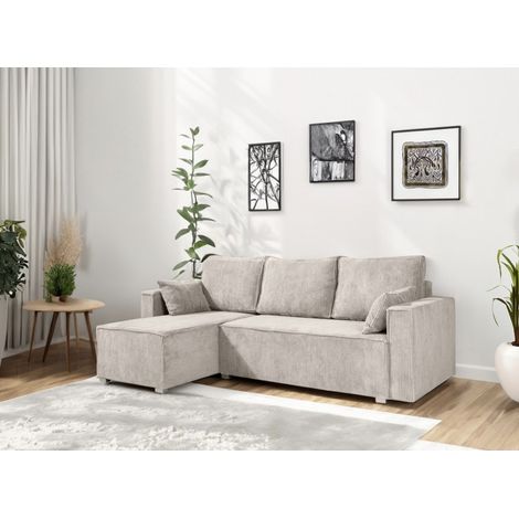 Tendencio – Canapé convertible en L ANAFI – Velours côtelé beige – 3 places – Largeur couchage 140cm – Design moderne pour salon
