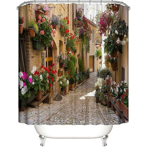 Rideau de douche fleuri 200x230 cm, imperméable en polyester, motif rue, impression haute définition, linge de bain décoratif, grande taille, résistant à l'eau, facile à entretenir (1/5)
