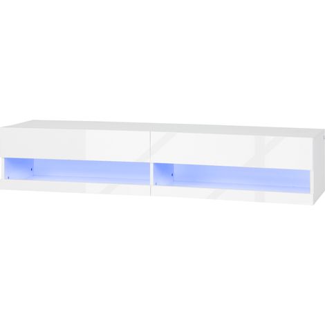 Meuble TV banc TV mural suspendu LED style contemporain - placards avec 2 portes battantes et 2 passe-câbles en bois (1/5)