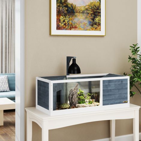 Casa per tartarughe in legno grigio 120 x 50 x 40 cm con coperchio apribile e supporto lampada (1/5)
