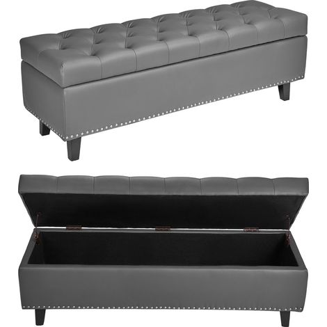 Banc Coffre en Cuir PU 130,5 cm, Bout de Lit avec Rangement et Pieds en Bois, Banquette Capitonnée, Meuble Repose-pieds pour Chambre à Coucher, Entrée, Salon, Salle à Manger, Couloir, Gris (1/5)