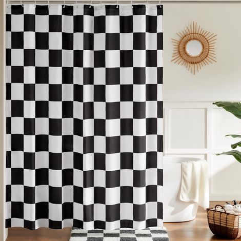 SIENTICE Checkered Machine Washable Shower Curtain for Bathroom, Pretty Retro Checkered Shower Curtain, 180 x 180 cm, Black (1/5)