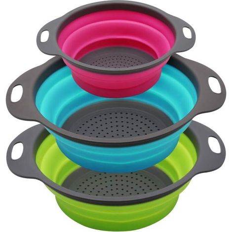Set mit 3 runden, faltbaren Silikonsieben – 2 Stück mit 4 Litern Fassungsvermögen und 1 Stück mit 2 Litern – Ideal zum Abtropfen von Nudeln, Gemüse und Obst (grün, blau, lila) (1/2)