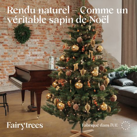 Sapin de Noël artificiel 120 cm Nordmann vert – Arbre fabriqué à la main en Europe – Pied en bois – Forme classique – Fairytrees