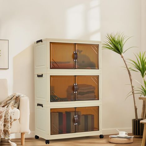 Boîte pliante 3 niveaux armoire empilable sans montage double porte large 67 cm organisateur pliant vêtements ménage blanc gris transparent (1/5)