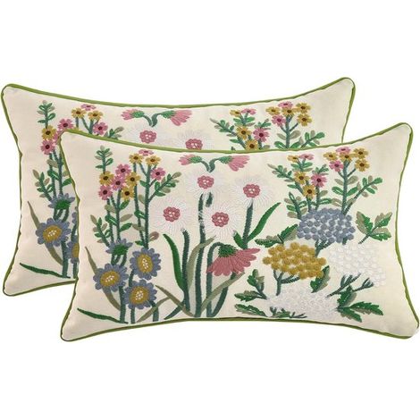 Housses de coussin décoratives en toile de coton brodée - 30 x 50 cm - Rose - Broderie florale printanière - Lot de deux (1/5)