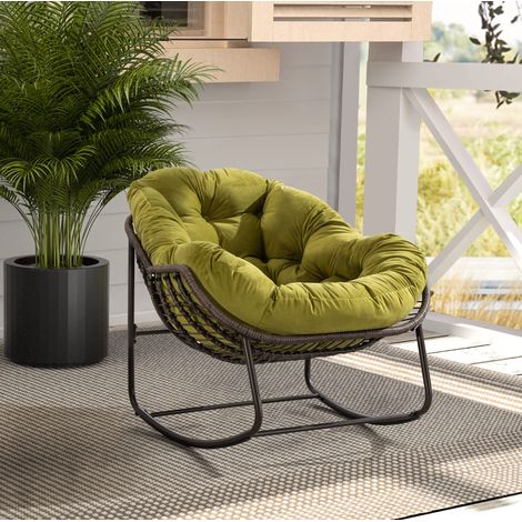 Chaise berçante d’extérieur en rotin, coussin rembourré, 78 x 106 x 90 cm, olive, REDOM (1/5)