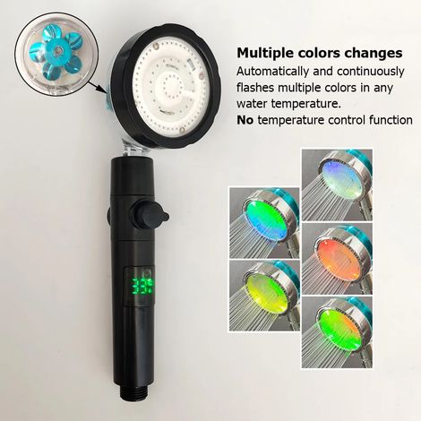 Pommeau de douche LED multicolore noir (3/7 couleurs) avec bouton d'arrêt d'hélice, haute pression et affichage de la température. (1/5)