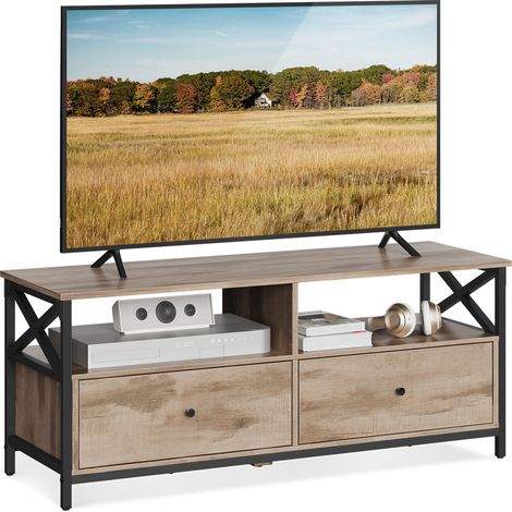 VASAGLE Meuble TV pour Télévision jusqu'à 55 Pouces, Support Télé, Longueur 120 cm, 2 Tiroirs, 2 Étagères, 40 x 120 x 50 cm, Salon, Chambre, Cadre en Acier, Marron Chêne et Noir (1/5)