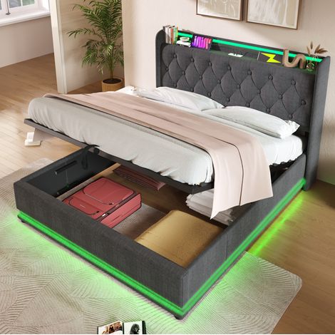 lit coffre 140x190 LED USB, lin gris OKMYHOME (1/5)