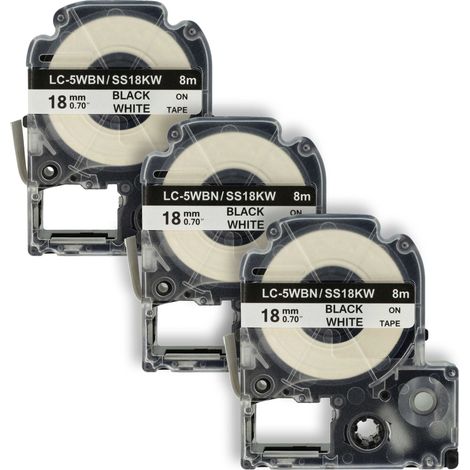 vhbw 3x Label Tape compatible with KingJim SR-PBW1, SR-RK1, SR6700D, SR750, SR950 Label Printer 8m x 18 mm, Black on White (1/4)