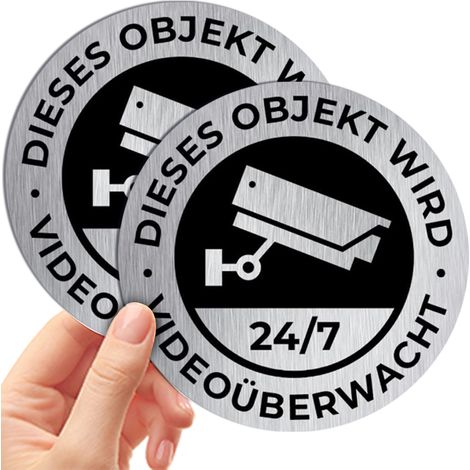 Panneau Avertissement Surveillance Vidéo - Aluminium Brossé - Pour Intérieur Et Extérieur - Diamètre 7,5 Cm - Lot De 2 (1/5)