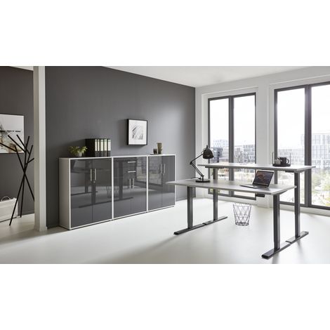 BMG Möbel Büromöbel-Set, e-Office Edition Set 15, Schreibtisch höhenverstellbar, 138 cm, grau/ anthrazit hochglanz
