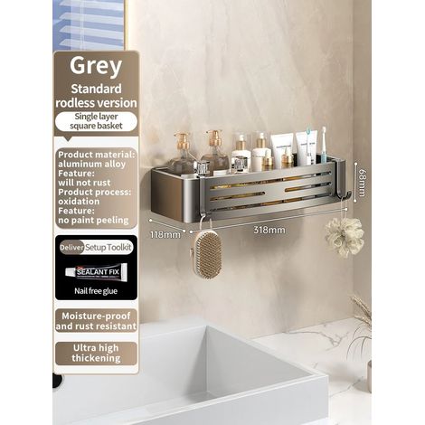 (JS68carré gris) Étagère murale en aluminium pour salle de bain, rangement pour shampoing, organisateur de cuisine, sans perçage. (1/5)