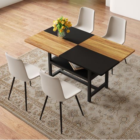 Set tavolo da pranzo rettangolare 160 cm con vano contenitore, 4 sedie in PU, OKWISH (1/5)