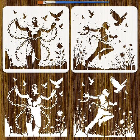 2Pcs Pochoirs Break Free From The Shackles Avec Pinceau 30x30cm Pochoir Scènes Naturelles Personnages Thème Dessin Modèle pour Peinture sur Bois Mur Meubles Décoration D'Intérieur DIY (1/5)