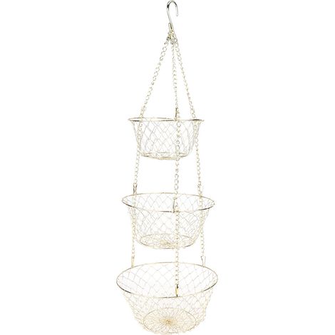 étagère rangement-Panier suspendu multifonction à 3 niveaux amovible pour fruits et légumes en fer doré pour cuisine (1/4)