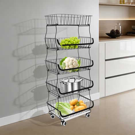 YISSALE -Outillage -Panier de légumes noir sur roulettes avec 5 niveaux, compartiment pour légumes, panier de fruits, chariot à roulettes, étagère de cuisine métallique amovible. (1/5)