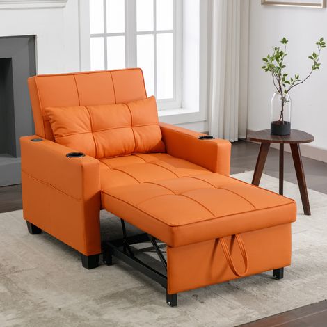 Sofá cama 3 en 1 convertible de 1 plaza en PU naranja con portavasos y puerto USB (1/5)