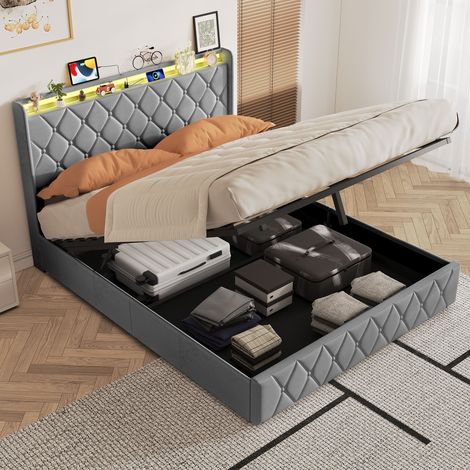 Bett mit Stauraum 140 x 200 cm und Lattenrost – Doppelbett 140 x 200 cm mit Kopfteil mit Stauraum, LED-Beleuchtung und USB-Anschlüssen – aus grauem Samt (1/5)