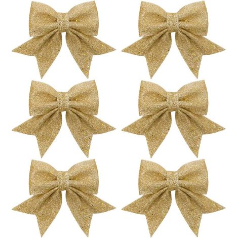 Lot de 6 nœuds de Noël à paillettes - En satin - Pour décoration de sapin de Noël - Dorés (1/5)