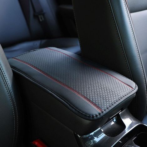 Coussin d'accoudoir de voiture - Housse de protection pour console centrale, garniture intérieure, boîte de rangement, accessoire auto, noir avec surpiqûres rouges (1/5)