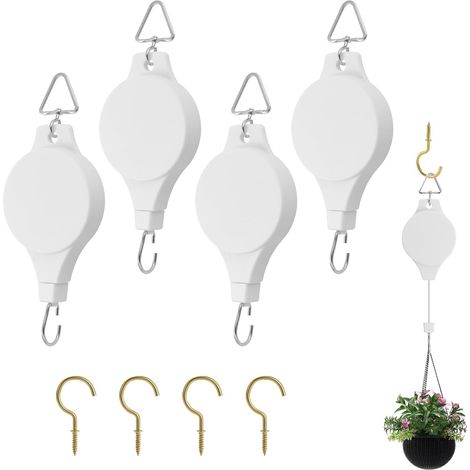 4pcs Crochet Suspension Plante Poulies Rétractables pour Plantes Poulies pour Suspendre des Plantes Convient pour Pots de Fleurs de Jardin, Jardinières Suspendues, Mangeoires à Oiseaux (Blanc) (1/5)