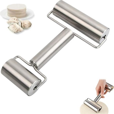Mini rouleau à pâtisserie double face antiadhésif en acier inoxydable avec poignée ergonomique pour pizza, gâteau et pain, couleur argentée. (1/5)