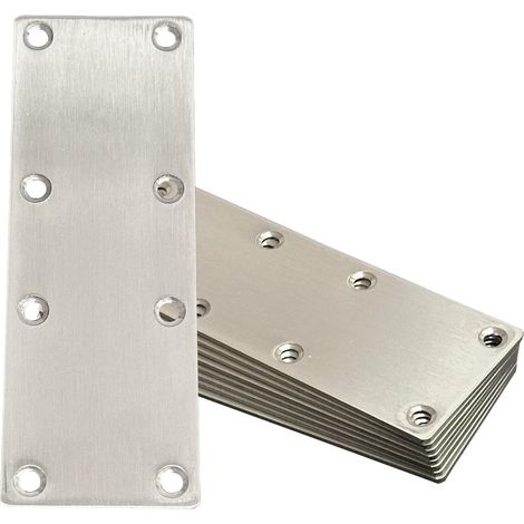 8 Plaques de jonction, Acier inoxydable, 140x50x2mm, Trous fraisés, Fixation bois métal, Réparation menuiserie (1/5)