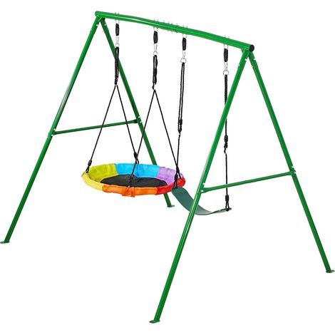Mophorn Gartenschaukel mit A-förmigem Metallrahmen, Doppelschaukel (1 Tellerschaukel & 1 Gurtschaukel), Belastbarkeit bis 199,6 kg, Outdoor-Schaukelset mit verstärkten Bodenankern in Spiralform