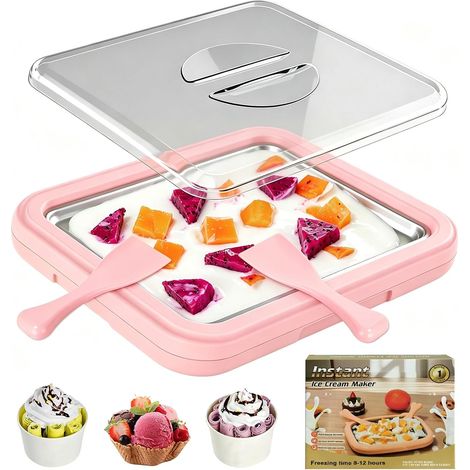 FLITI - Stainless Steel 304 Rolled Ice Cream Maker with Transparent Lid and 2 Spatulas, Instant Freezing Tray, Pink, L (1/5)