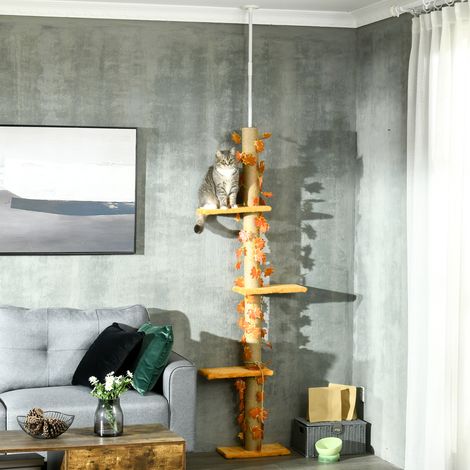 Árbol para Gatos de Suelo a Techo de 202-242 cm con 3 Plataformas Altura Ajustable y Decoración de Hoja de Arce Naranja (1/5)