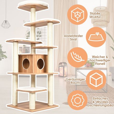 Arbol para gatos de 175 cm poste rascador para gatos de 6 niveles casa de juegos con poste rascador de madera con cueva y 5 esteras