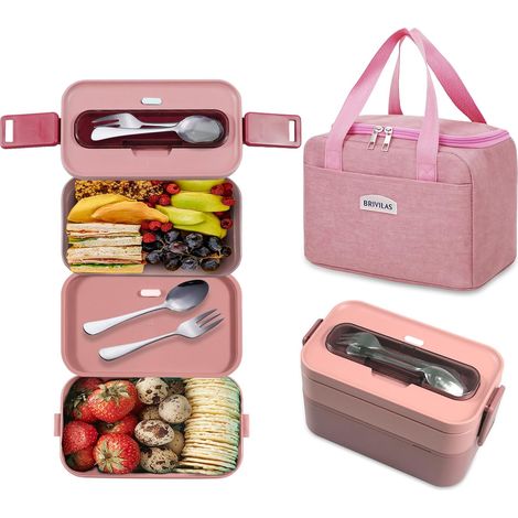 Bento Lunch Box 1600ml, Lunch Box Isotherme avec Couverts + Sac Isolant Rose Anti Fuite Boite Repas pour Pique-Nique, Travail, Ecole (1/5)