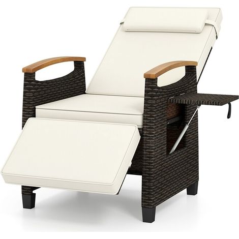 Transat en rotin relaxant avec coussins doux, dossier et repose-pieds réglables, chaise de pont blanche