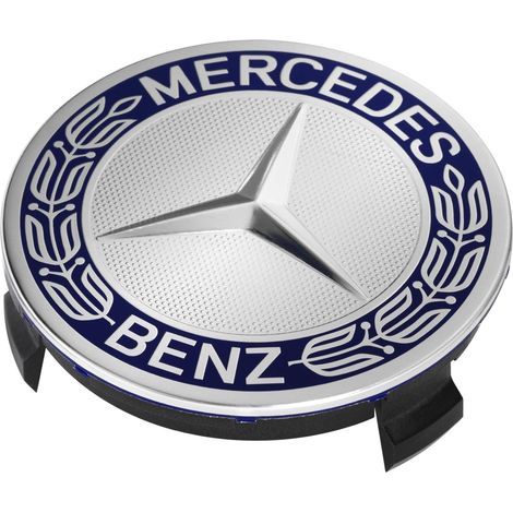 Mercedes-Benz compatible wheel center caps – For C180, C200, E260, E300, S350, ML350 – Diameter 75 mm – Dark blue – Star with laurel wreath (not a collector's item) (1/2)