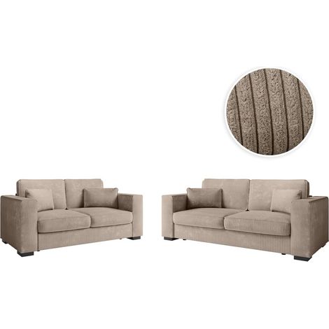 Loungitude – Ensemble canapés 2 places et 3 places en velours côtelé – Taupe – Canapé droit fixe pour petits espaces – Montage facile, livré en 4 colis