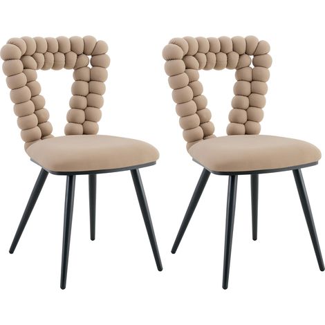 Sillas de comedor de terciopelo camel, set de 2, patas de metal negro, respaldo con corte geométrico (1/5)
