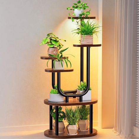Support pour plantes d'intérieur en forme de U avec lampes de croissance, étagère à 6 niveaux pour plusieurs plantes, support de plantes en métal et bois pour jardin, terrasse, balcon, salon (1/5)