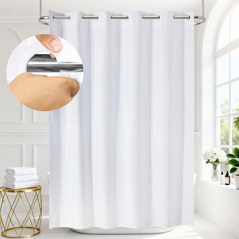 Rideau de douche bohème sans crochet en tissu polyester et lin à carreaux blanc avec revêtement imperméable pour salle de bain, ferme, rustique, shabby chic, rideau de salle de bain neutre 190,5 x (1/4)