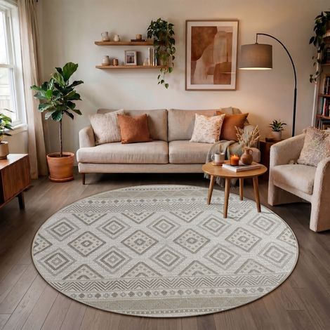 Paco Home Outdoor Teppich Flachgewebe modern Boho Ethno wetterfest Außenbereich 200 cm Rund, Beige 2