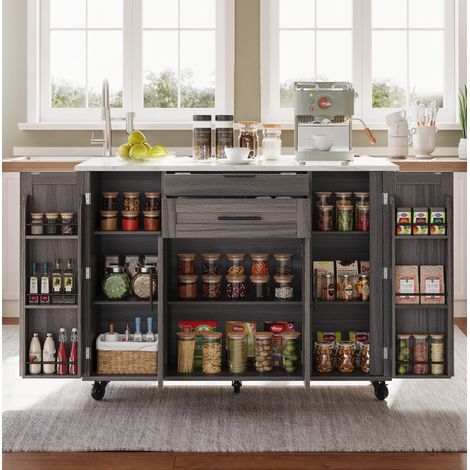 Isla de cocina móvil (136x70x92 cm), encimera extensible, almacenamiento con cajones y estantes, MDF gris (1/5)
